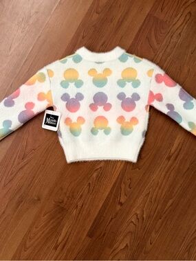 Disney Pastel Rainbow Minnie Icon Fuzzy White Crew Sweater 4-5 years NWT